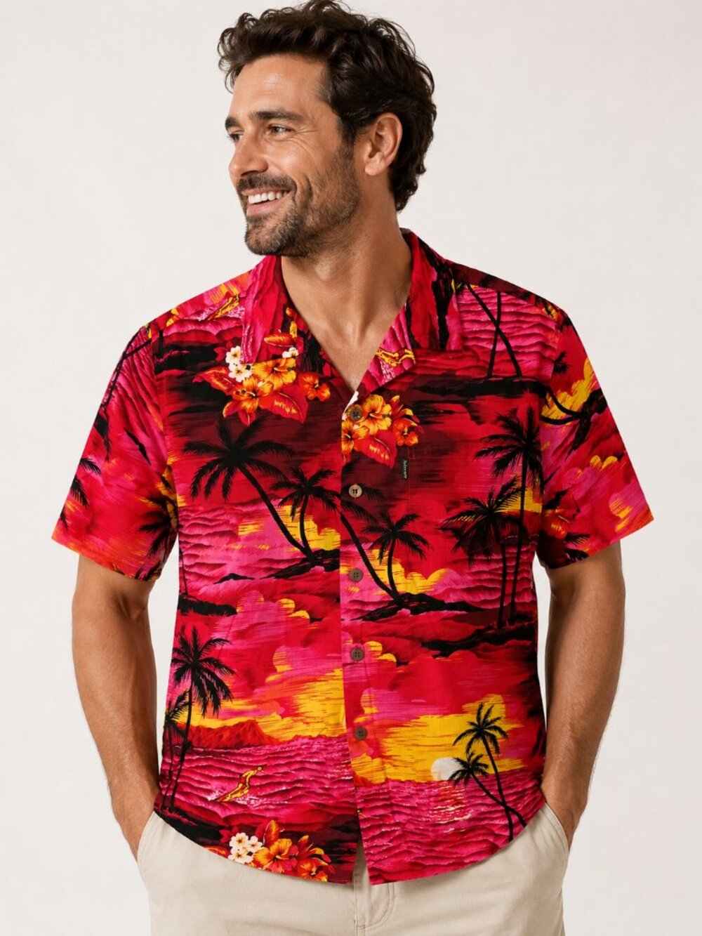 Palmwave Men’s M/L Hawaiian Shirt Red Sunset Palm Tree Surf Aloha
